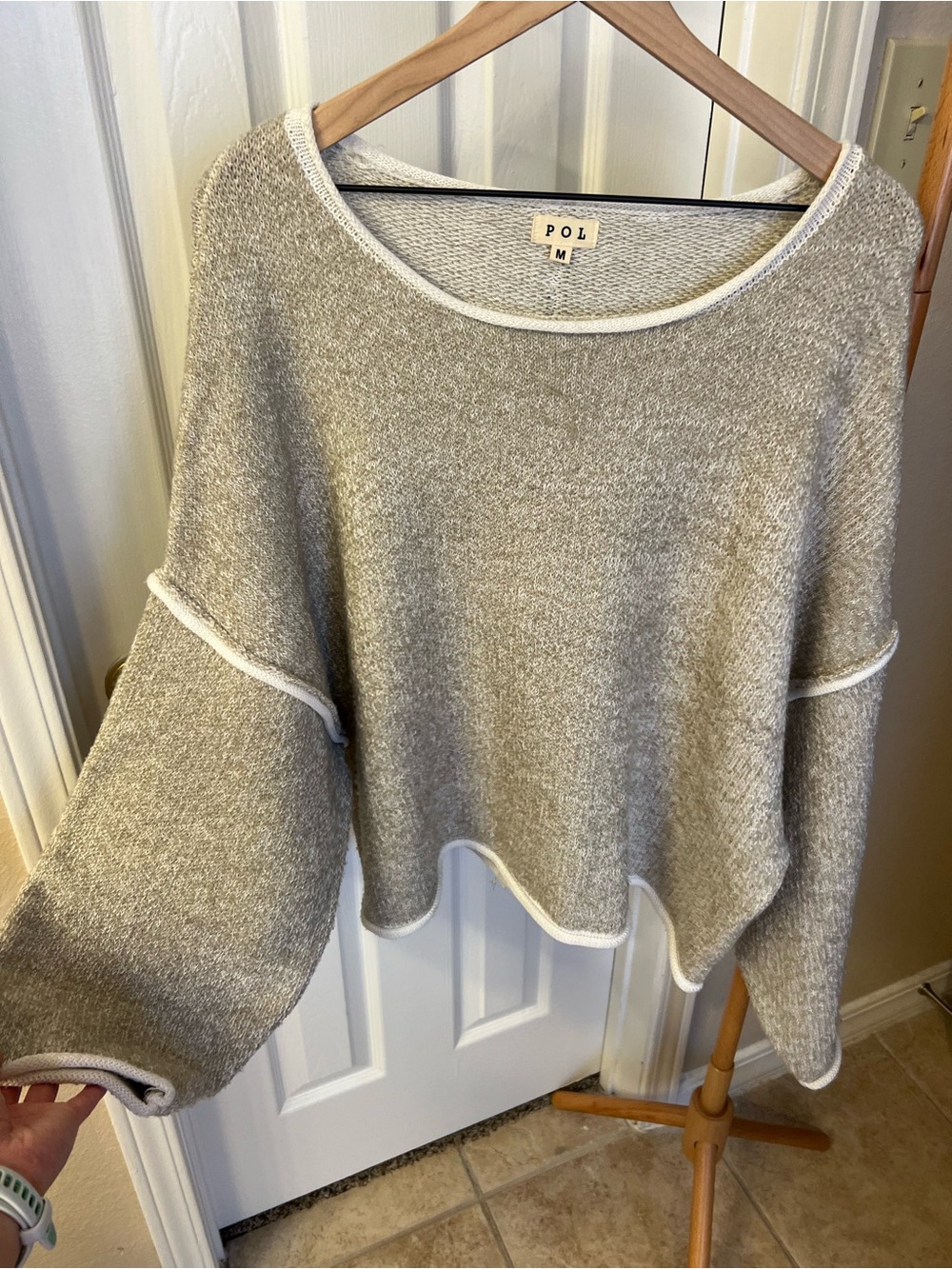 POL Light Gray/Beige Crewneck Sweater with White Trim - Picture 4 of 6
